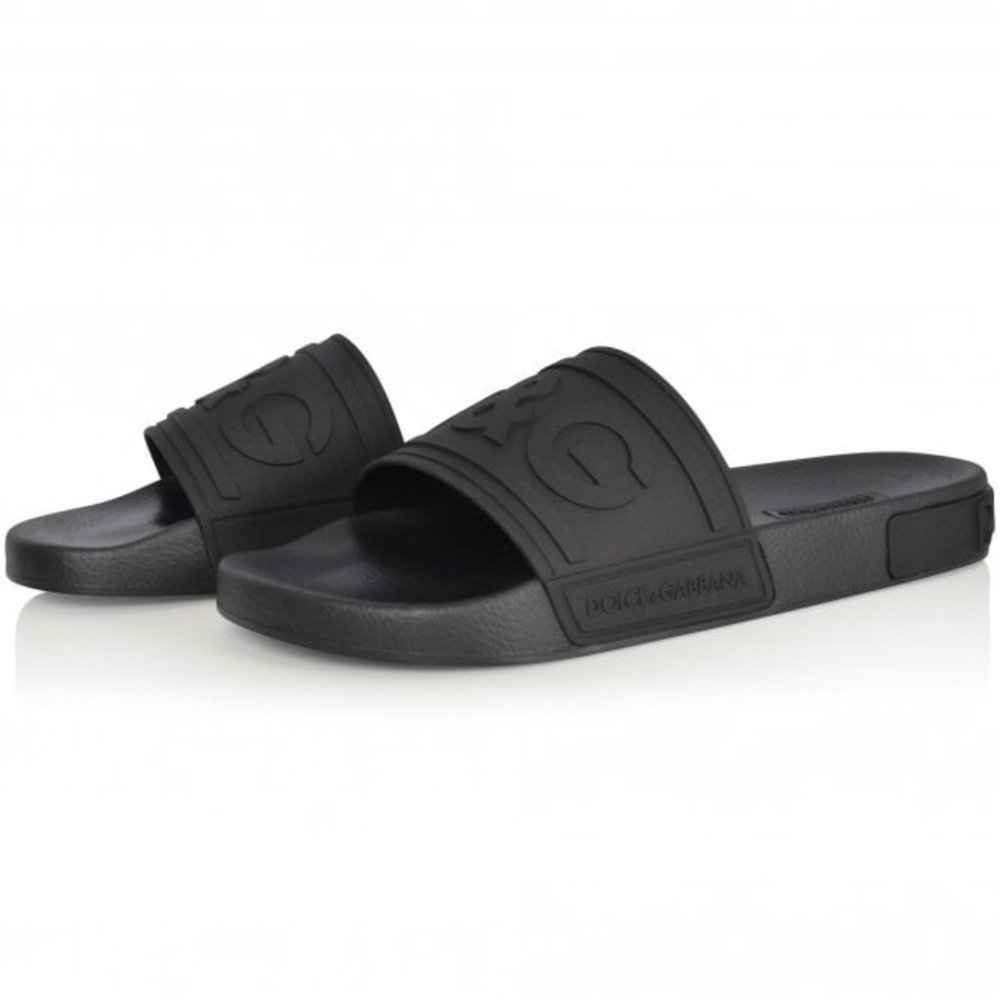 Dolce & Gabbana Noir Nero Logo Embossed Rubber Pool Slides Slippers Beachwear 42